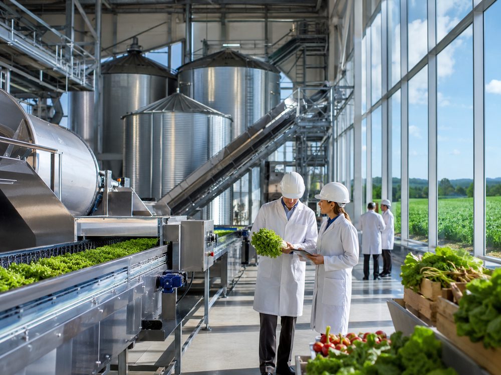 Especialistas revisando producto agrícola en planta de agroindustria con campos de cultivo de fondo