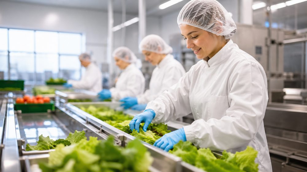 Trabajadores sanitizando superficies en una planta de procesamiento de alimentos