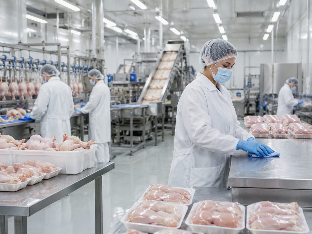 Personal con equipo de protección procesando producto avícola en planta sanitizada