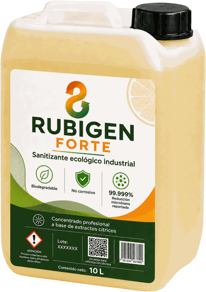 Envase de Rubigen Forte, sanitizante ecológico industrial de 10 litros
